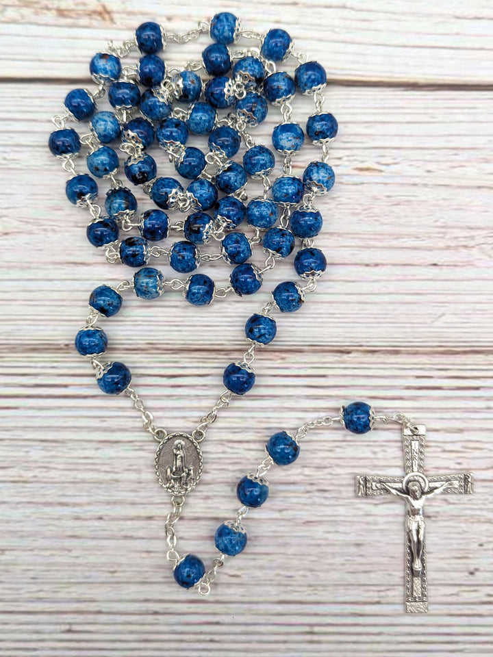 Handmade 8mm Blue Stained Glass Beads Our Lady of Fatima Rosary