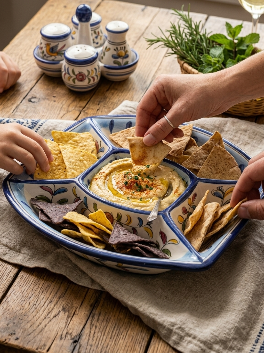 People dipping tortilla chips into hummus on a decorative ceramic plate with a rustic wooden table background.