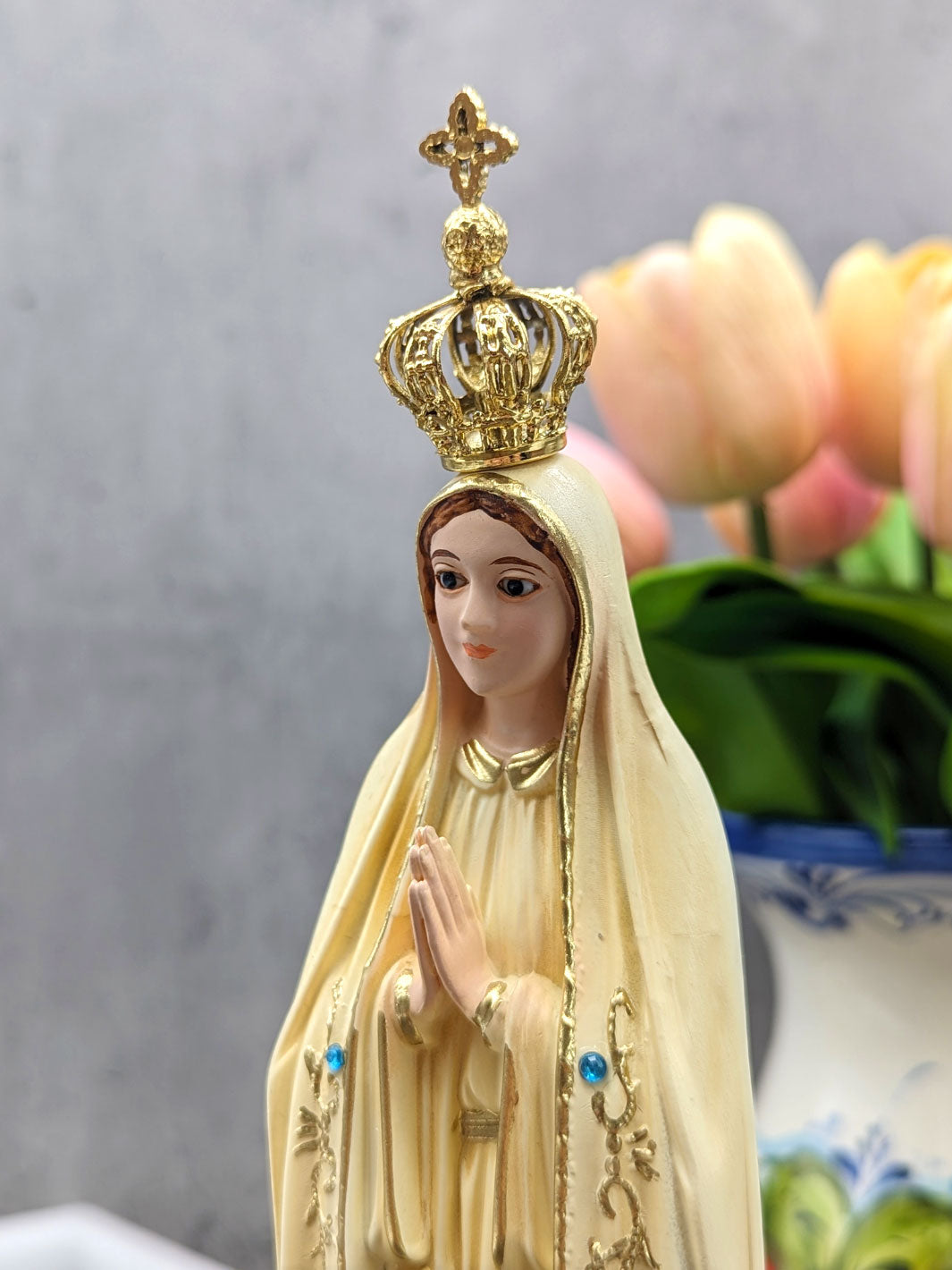 12 Inch Glass Eyes Our Lady of Fatima Statue Patina Painted
