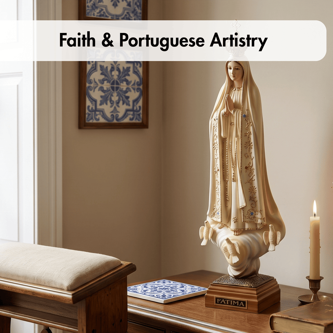 A religious statue of the Virgin Mary on a wooden pedestal, displayed on a table in a warmly lit room with a candle, framed blue-and-white tile art, and a bench. A banner at the top reads &