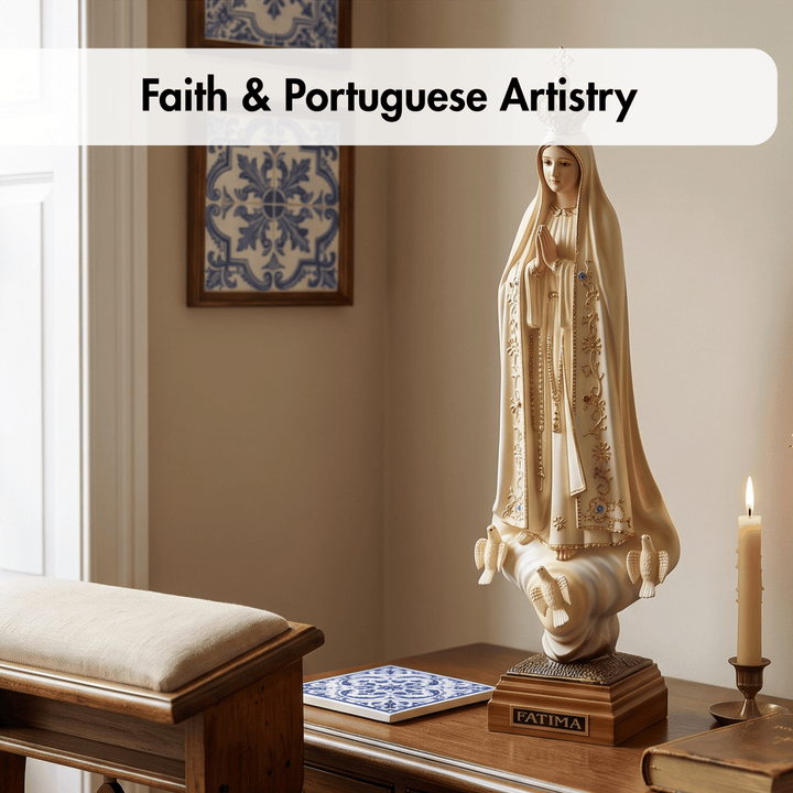 A religious statue of the Virgin Mary on a wooden pedestal, displayed on a table in a warmly lit room with a candle, framed blue-and-white tile art, and a bench. A banner at the top reads &