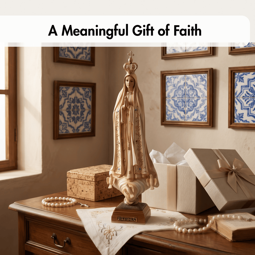 A carved wooden Virgin Mary statue stands on a wooden dresser in a warmly lit room, surrounded by gift boxes, prayer beads, and framed blue-and-white tiles. Text at the top reads, &