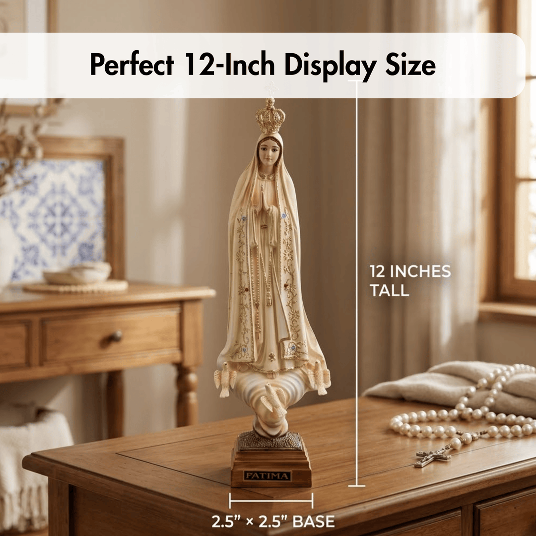 A religious statue of the Virgin Mary displayed on a wooden table in a softly lit room, with overlaid dimension labels reading &