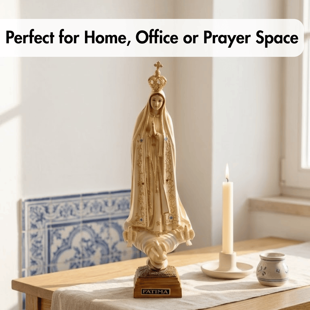 A beige religious statue of Our Lady of Fatima stands on a wooden table in a softly lit home interior, with a white candle, small ceramic dish, and blue-and-white tile panel in the background. Text at the top reads, &