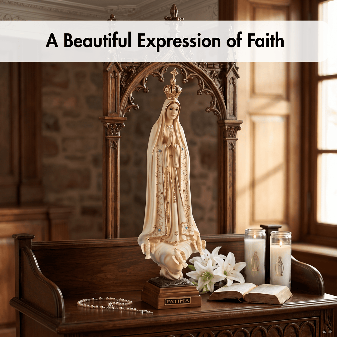 A religious statue of Our Lady of Fatima displayed on a wooden altar shelf in a church-like interior, with a rosary, white lilies, an open book, and two prayer candles beside it. A banner at the top reads “A Beautiful Expression of Faith.