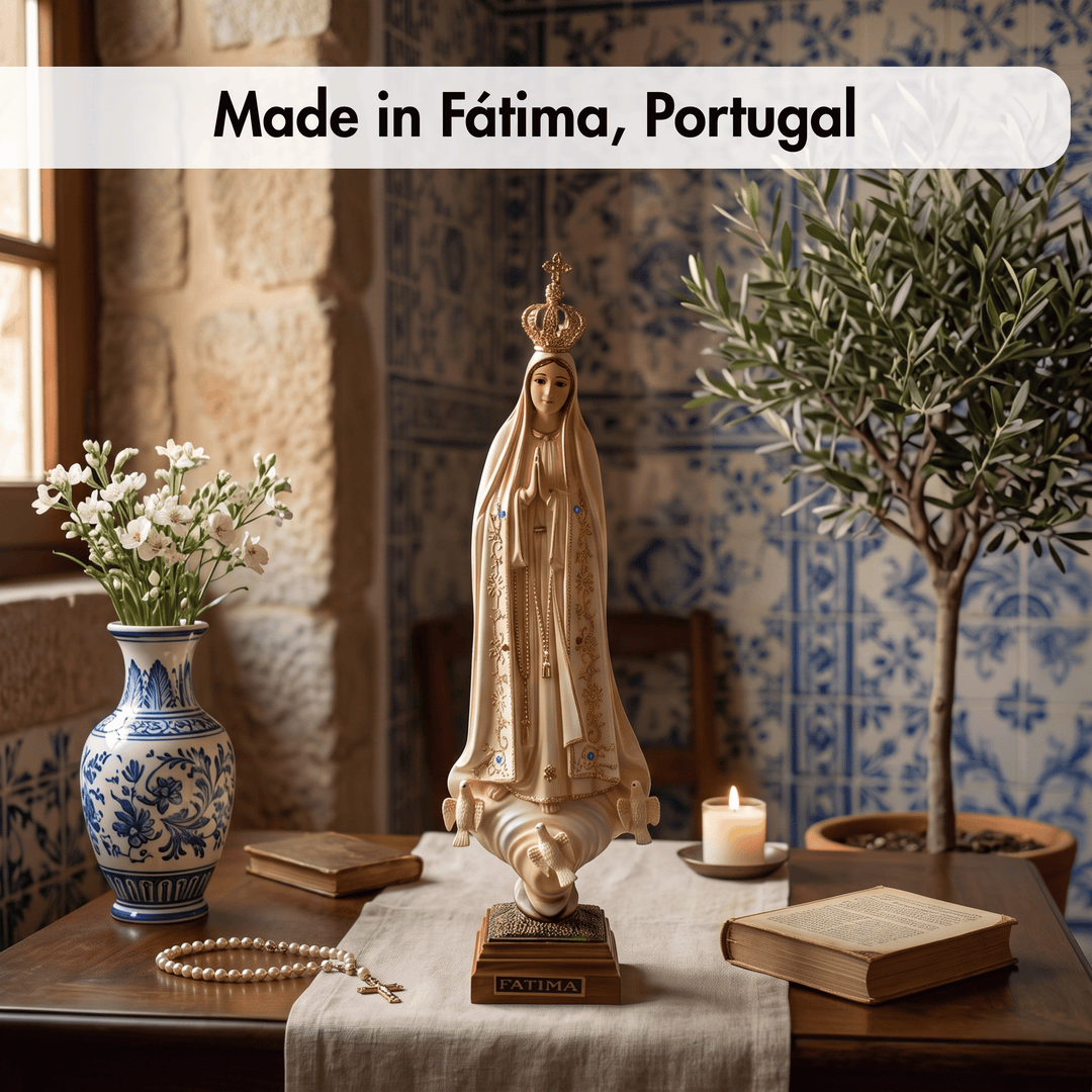 A religious statue of the Virgin Mary stands on a table in a styled interior scene with a blue-and-white patterned tile wall, a vase of white flowers, candles, books, and a potted olive tree. A white banner at the top reads &
