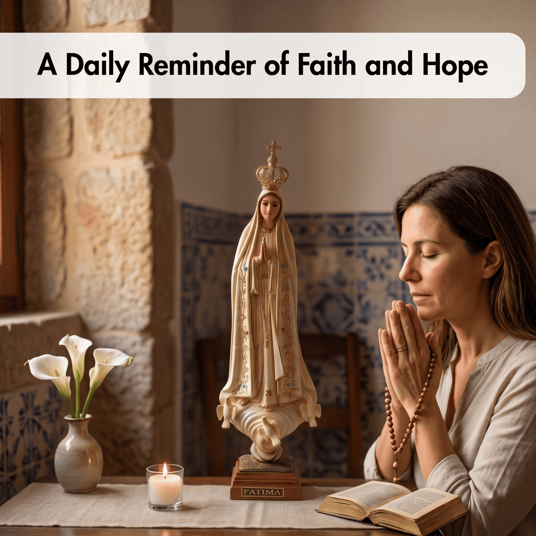A woman in a beige robe and prayer beads sits at a table with her hands together in prayer, next to a wooden statue of the Virgin Mary, a lit candle, and an open book. A white banner at the top reads &