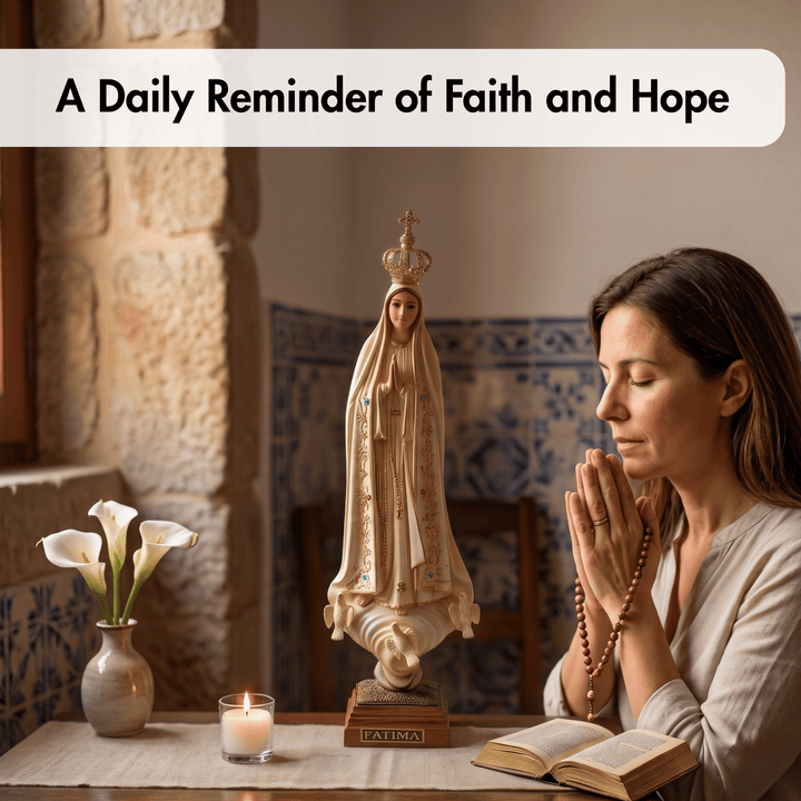 A woman in a beige robe and prayer beads sits at a table with her hands together in prayer, next to a wooden statue of the Virgin Mary, a lit candle, and an open book. A white banner at the top reads &