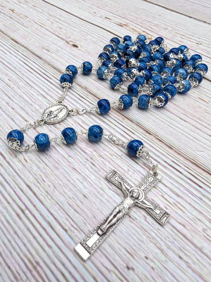 Handmade 8mm Blue Stained Glass Beads Our Lady of Fatima Rosary