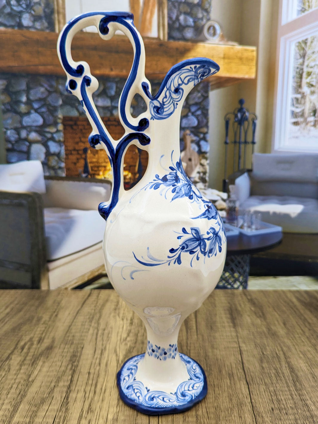 Portuguese Pottery Hand Painted Alcobaça Ceramic Blue & White Pitcher - Gomil