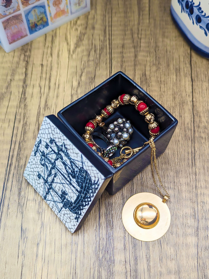 Hand Painted Decorative Ceramic Box with Lid - Inspired by Portuguese Calçada