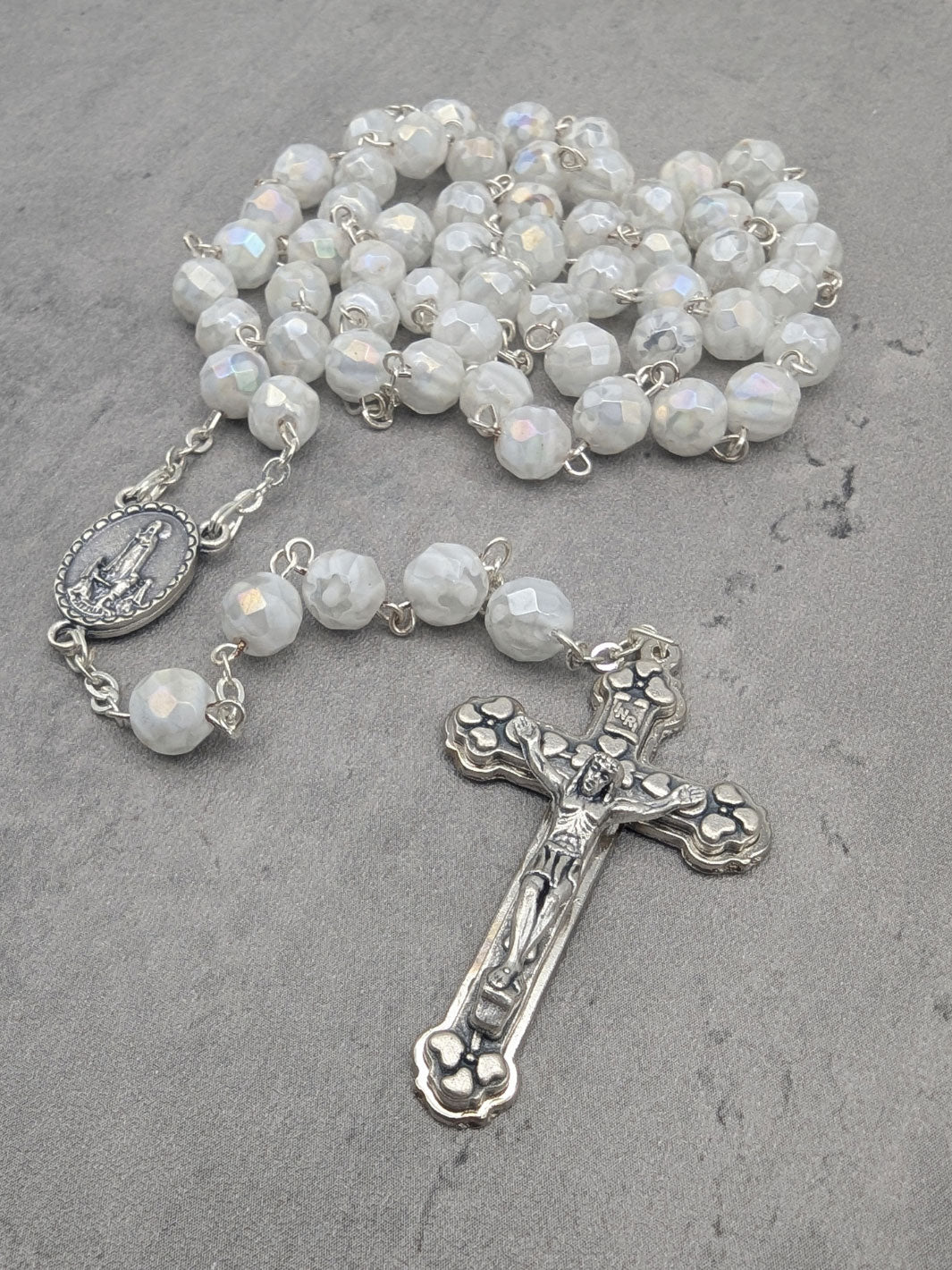 Handmade Our Lady of Fatima Rosary with White Murano Crystal Beads