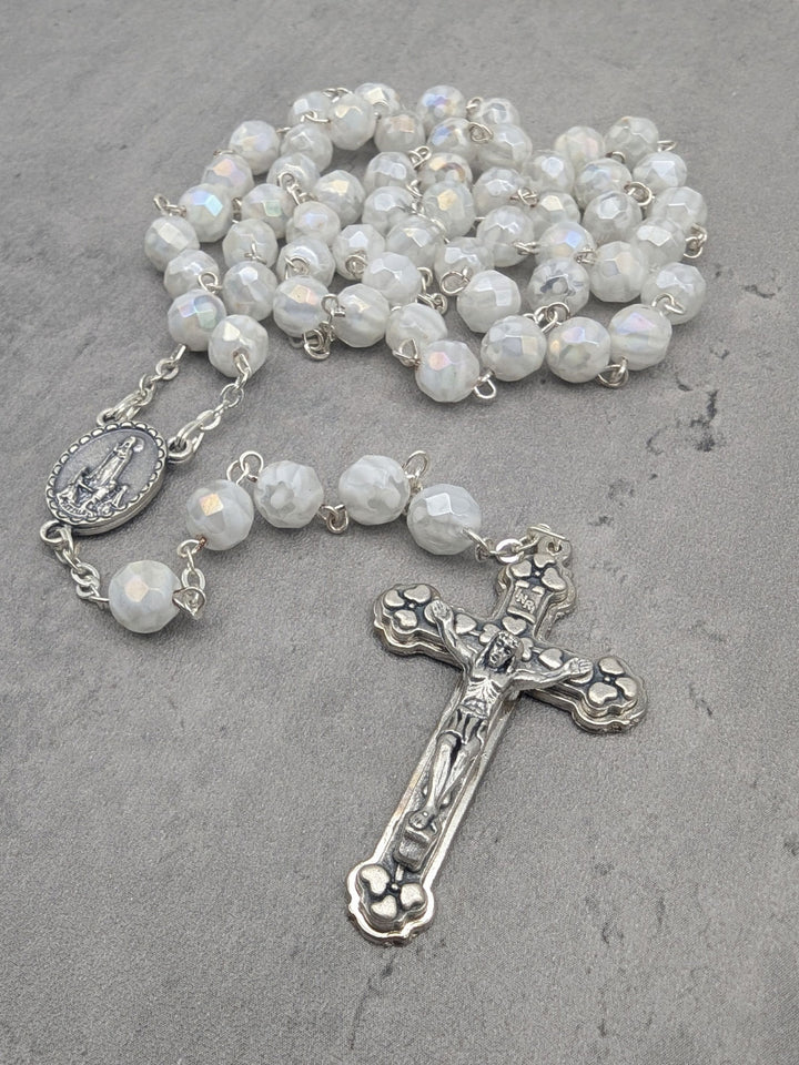 Handmade Our Lady of Fatima Rosary with White Murano Crystal Beads