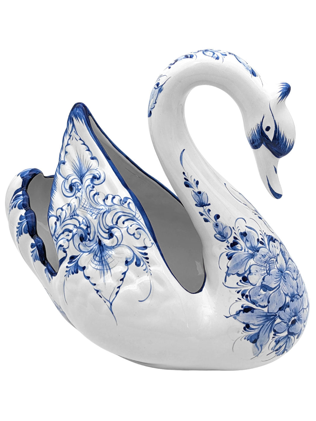Hand Painted Portuguese Pottery Blue and White Ceramic Large Swan Planter Figurine