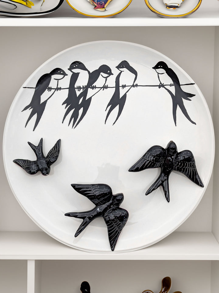 15.5 Inch Hand Painted Portuguese Ceramic Decorative Plate with Swallows