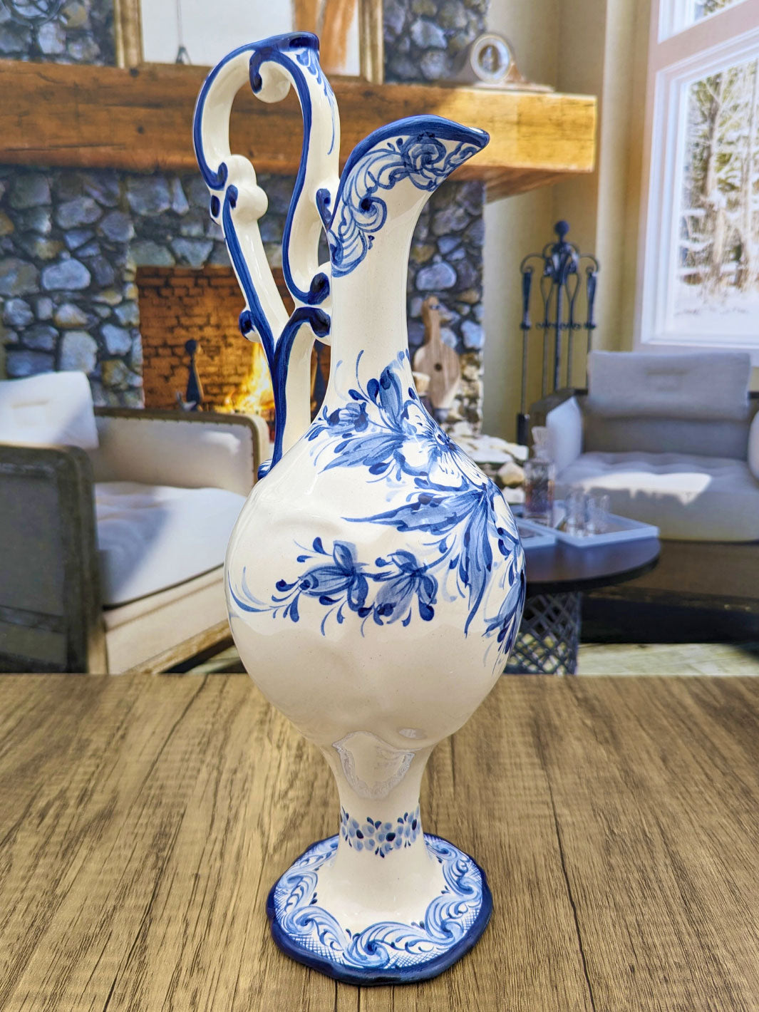 Portuguese Pottery Hand Painted Alcobaça Ceramic Blue & White Pitcher - Gomil