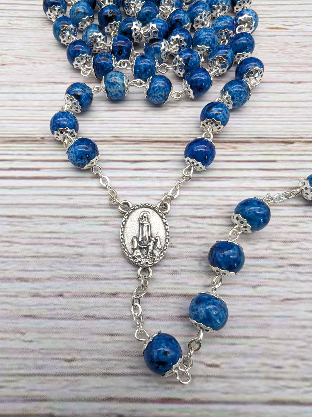 Handmade 8mm Blue Stained Glass Beads Our Lady of Fatima Rosary