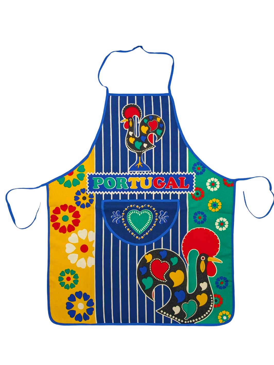Colorful apron with rooster design and 'Portugal' text on a white background