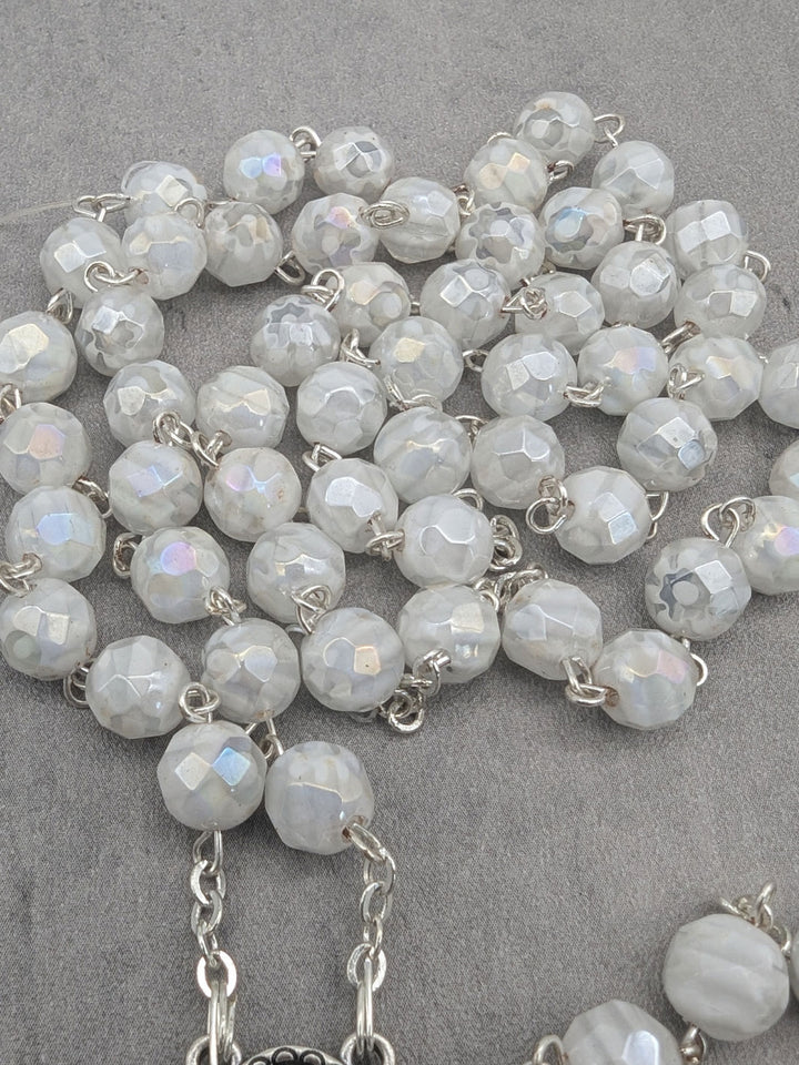 Handmade Our Lady of Fatima Rosary with White Murano Crystal Beads