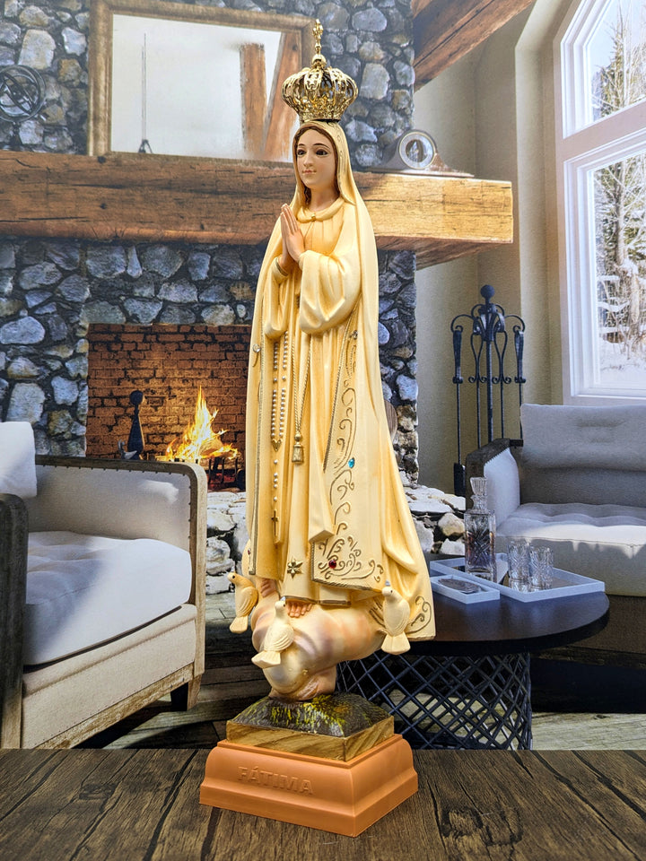 15 Inch Patina Painted Our Lady of Fatima Statue with Glass Eyes