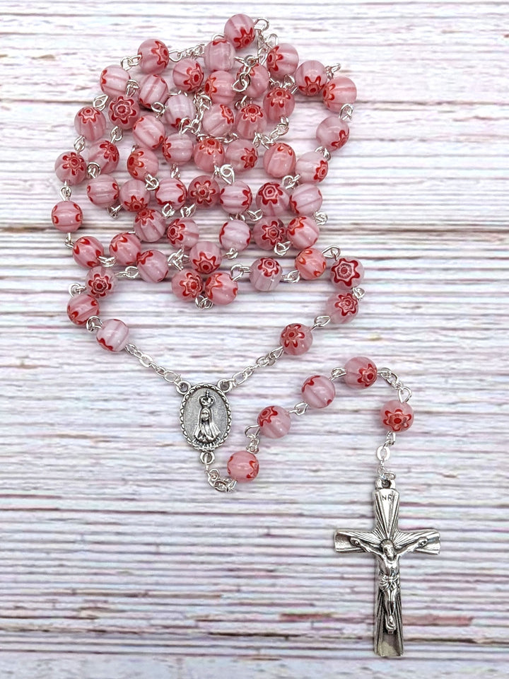 Handmade Our Lady of Fatima Rosary with Murano Crystal Beads Pink