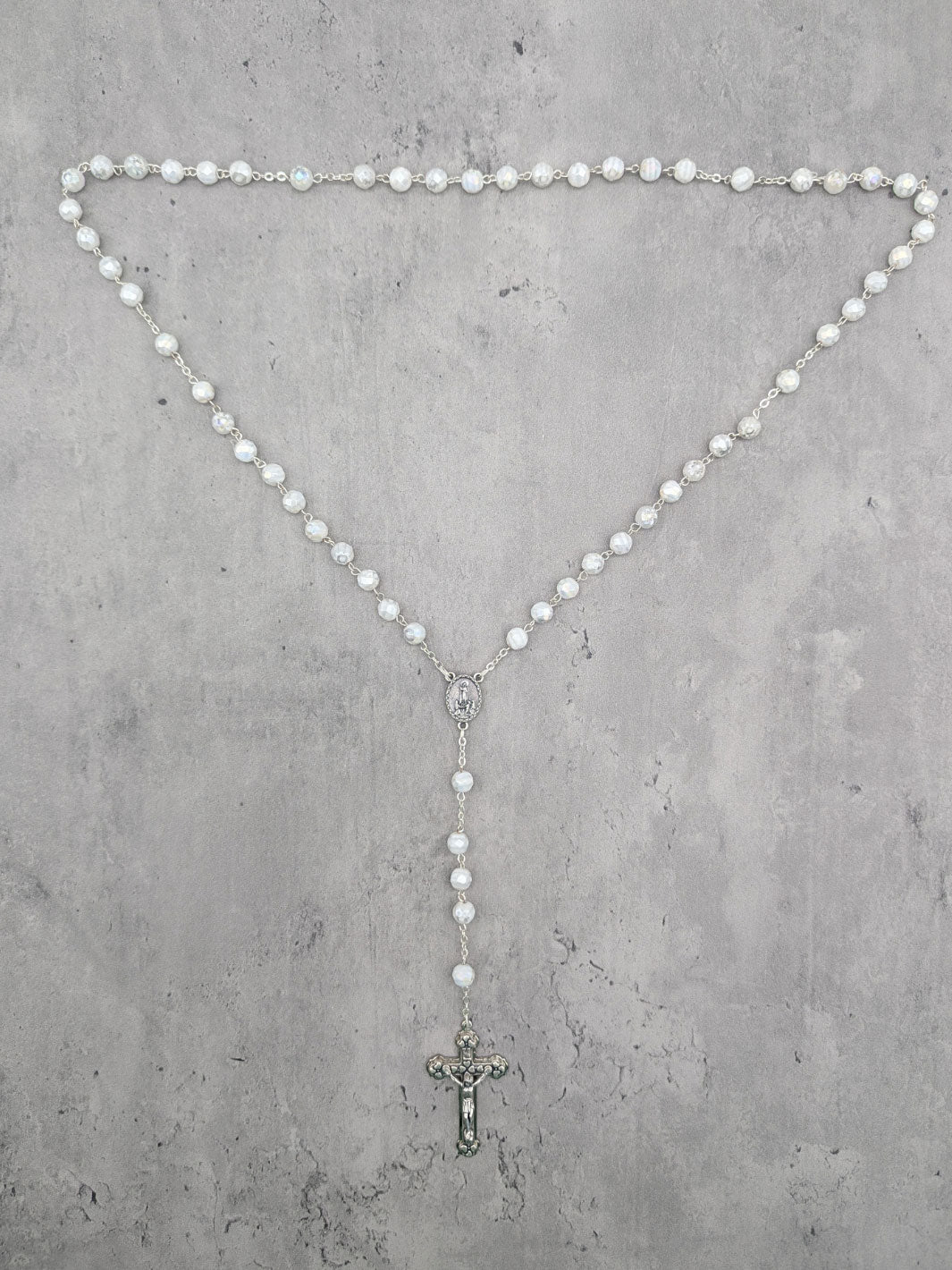 Handmade Our Lady of Fatima Rosary with White Murano Crystal Beads