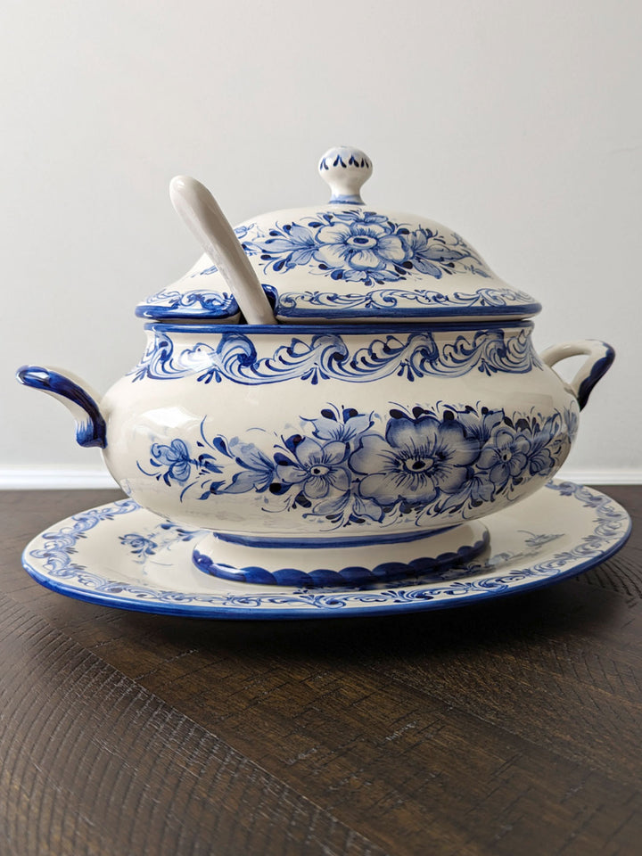 Hand Painted Alcobaça Ceramic Blue and White Decorative Tureen