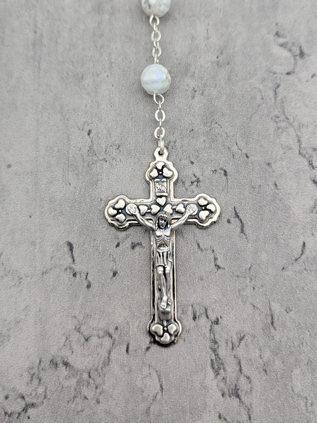 Handmade Our Lady of Fatima Rosary with White Murano Crystal Beads