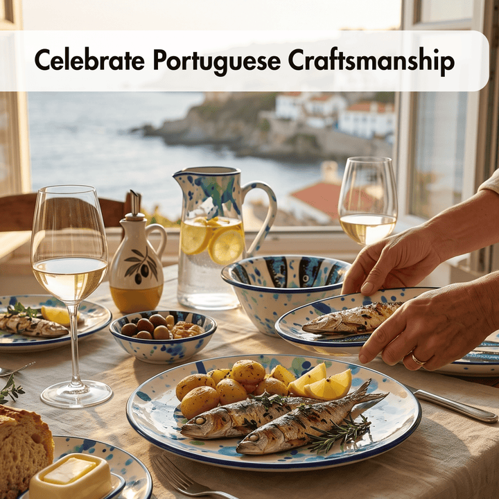 A dining table set with Portuguese-style ceramic dishes, plates of grilled fish and potatoes, wine glasses, and a patterned pitcher, with a person&