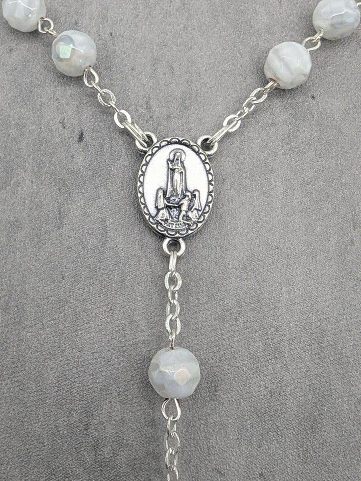 Handmade Our Lady of Fatima Rosary with White Murano Crystal Beads