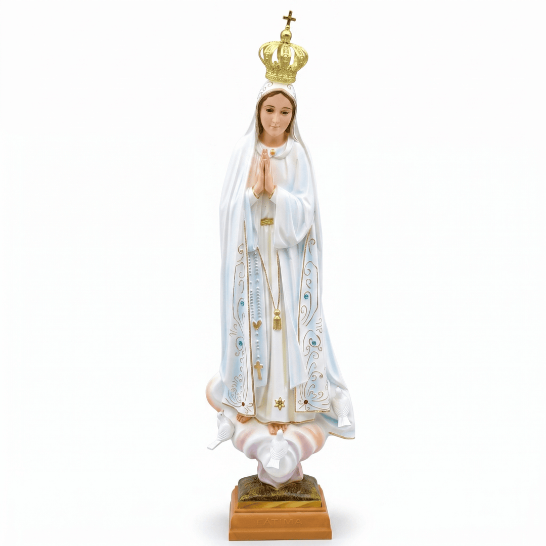 A religious figurine of the Virgin Mary standing on a cloud, wearing a white robe with gold and blue decorative details and a gold crown, mounted on a brown base against a white background.