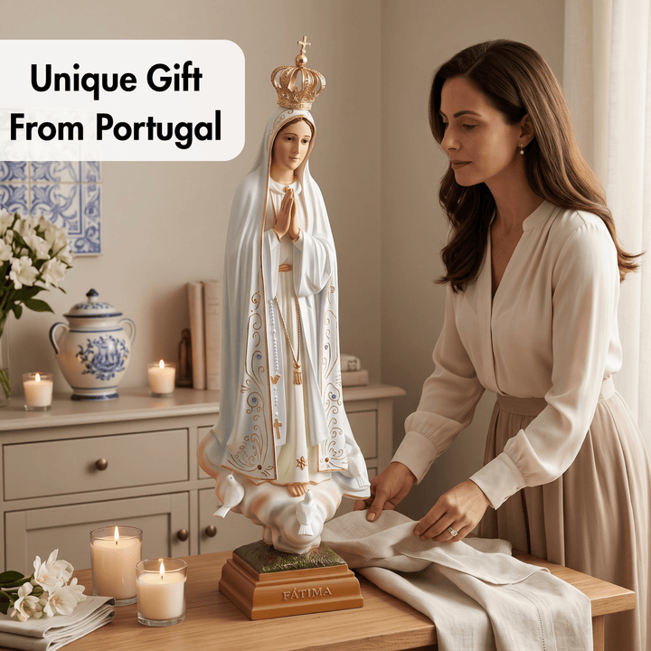 A woman in a beige dress is carefully wrapping a white cloth around a religious statue of the Virgin Mary, set on a wooden table with lit candles and home decor in the background. A text overlay reads &
