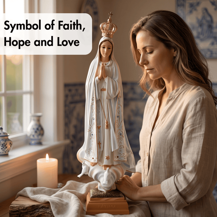 A woman in a beige linen shirt stands beside a white Virgin Mary statue with gold detailing and a crown, placed on a wooden surface with a lit candle nearby. A text box reads &
