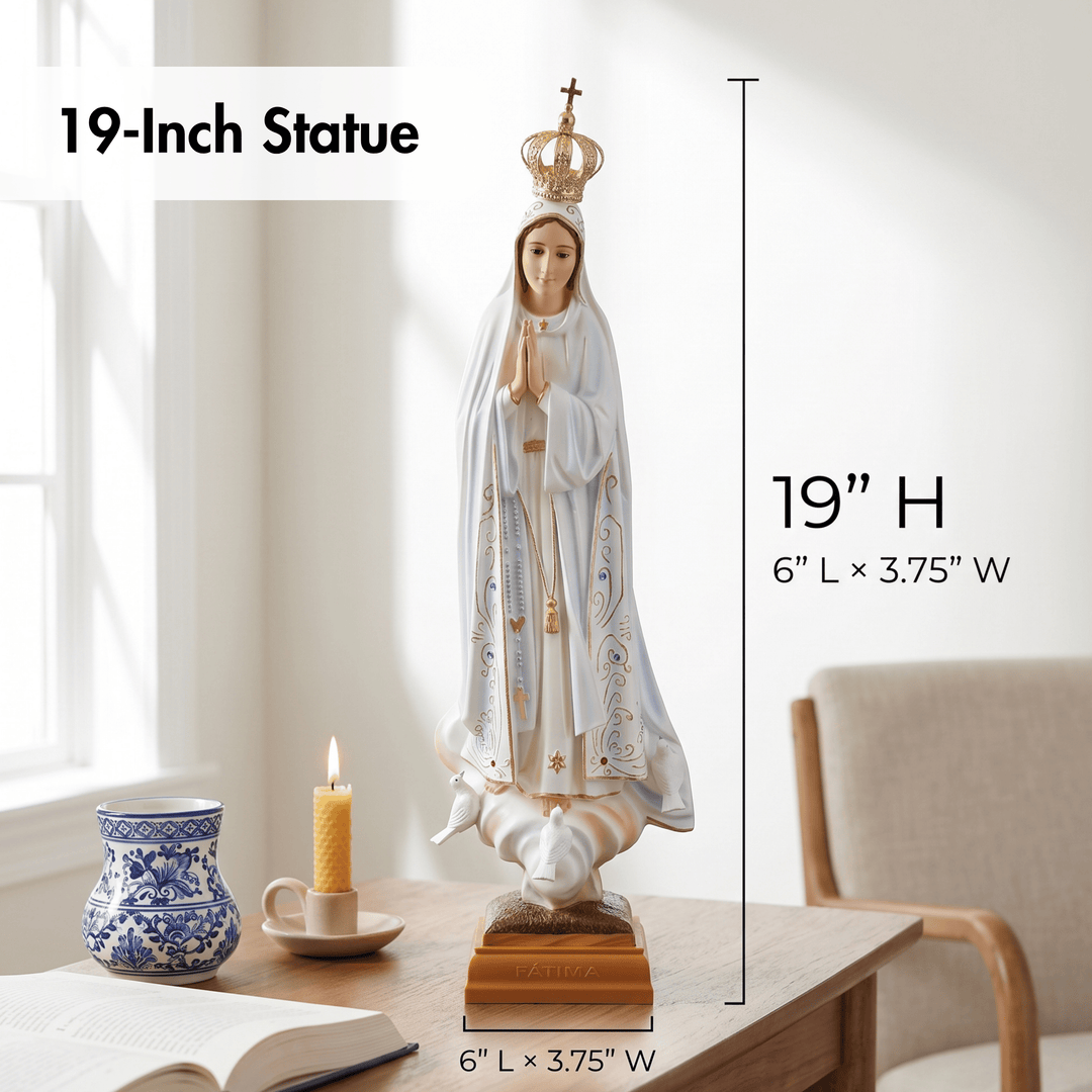 A 19-inch religious statue of the Virgin Mary on a wooden base, shown in a styled indoor setting with text overlays indicating its height and dimensions.