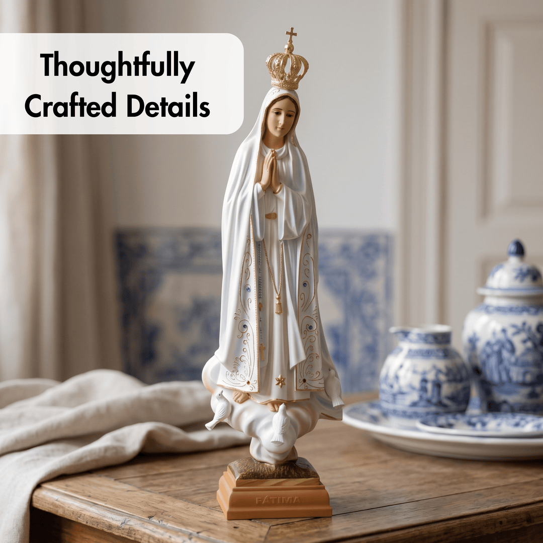 A religious figurine of the Virgin Mary standing on a base, shown on a wooden table in a styled interior setting with a text overlay reading &
