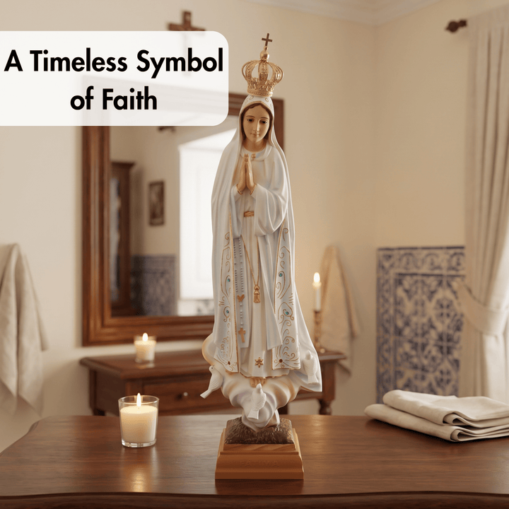 A religious statue of the Virgin Mary standing on a wooden table in a warmly lit room. The statue is white with gold embroidered details and a gold crown, with a text overlay in the top left reading &