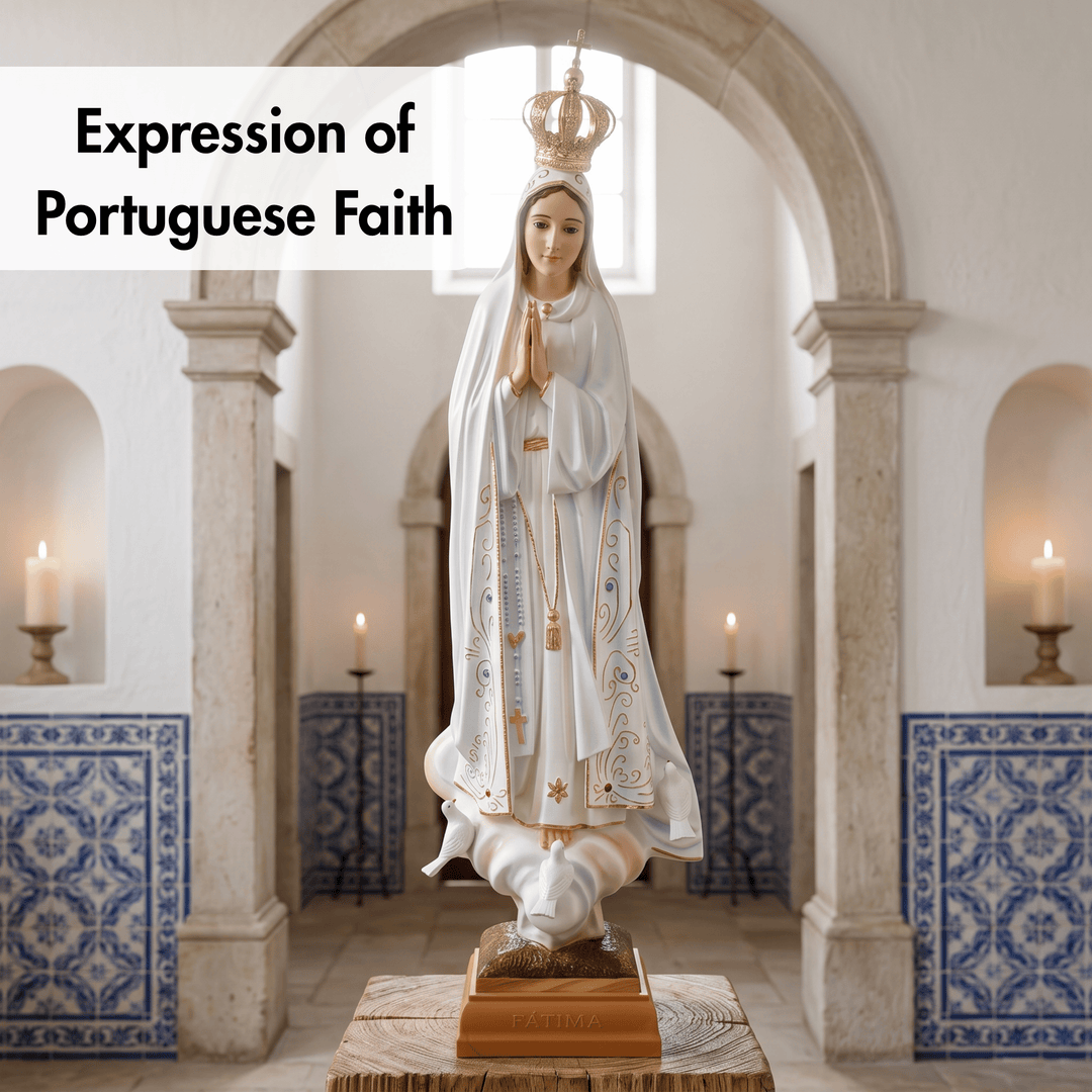 A white and gold statue of the Virgin Mary with a crown stands in a church interior with arched stone portals, blue-and-white tile panels, and lit candles. Text in the upper left reads &
