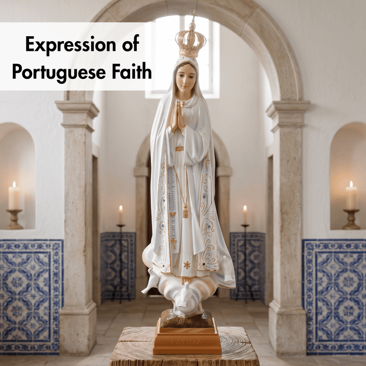 A white and gold statue of the Virgin Mary with a crown stands in a church interior with arched stone portals, blue-and-white tile panels, and lit candles. Text in the upper left reads &