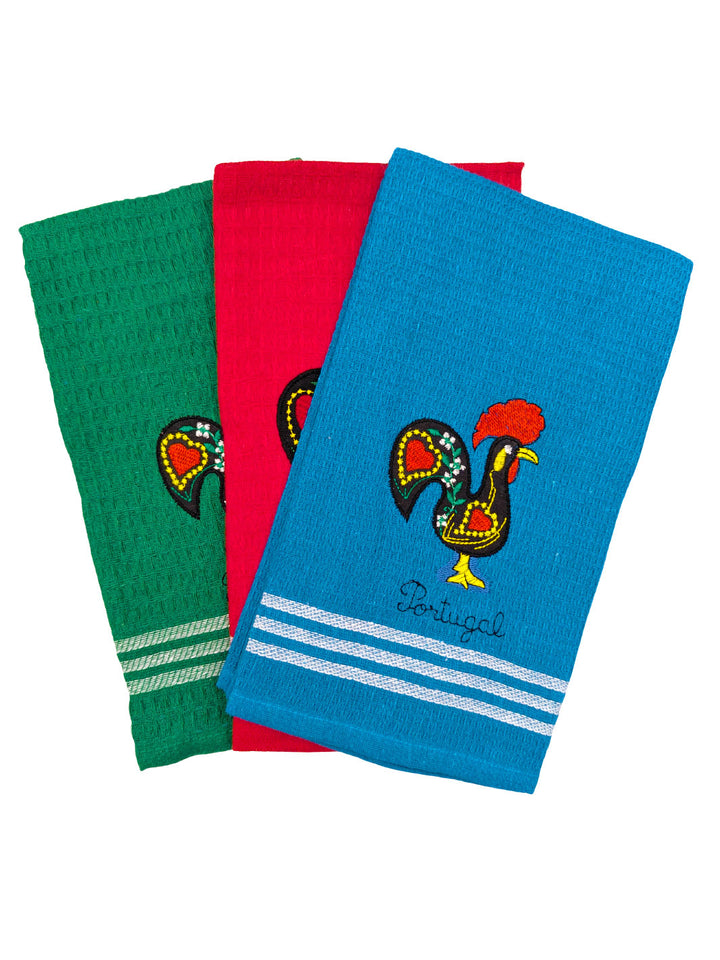 Honeycomb Embroidered Portuguese Rooster Dish Towels Set of 3