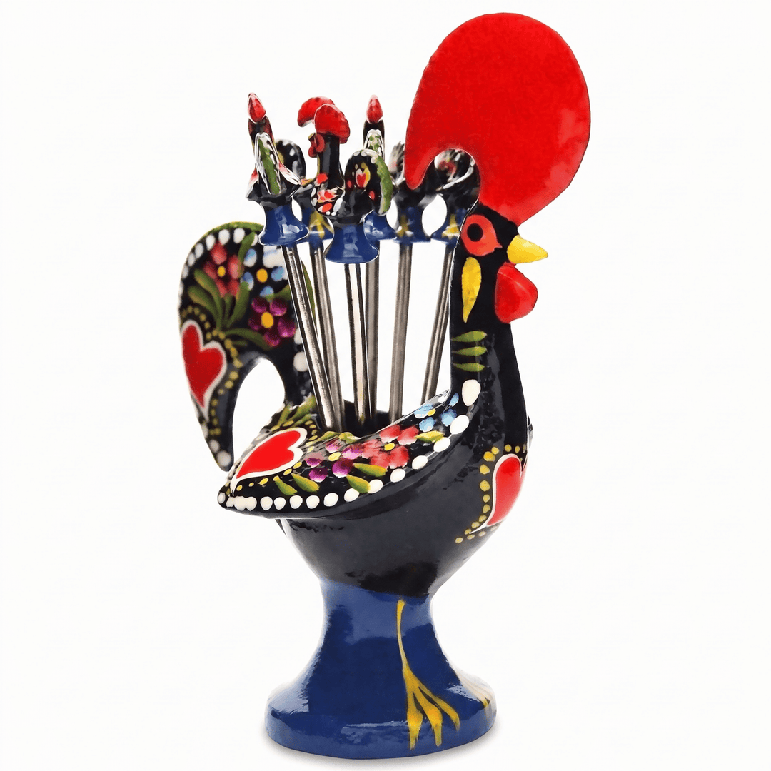 A decorative aluminum rooster-shaped holder filled with colorful cocktail picks or skewers, photographed on a plain white background.