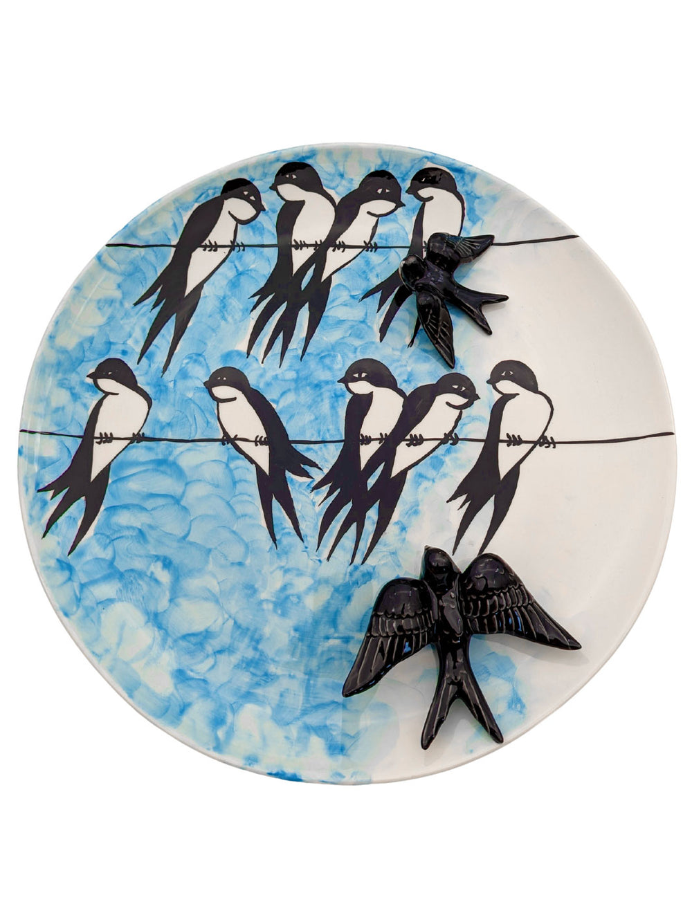15.5 Inch Hand Painted Portuguese Ceramic Decorative Plate with Swallows