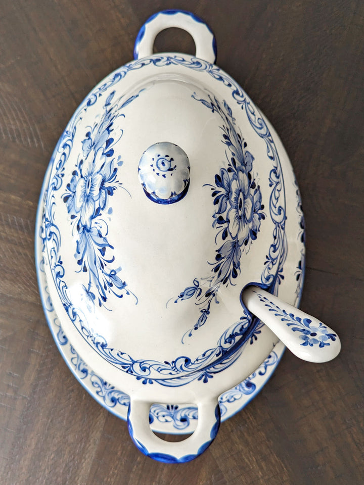 Hand Painted Alcobaça Ceramic Blue and White Decorative Tureen