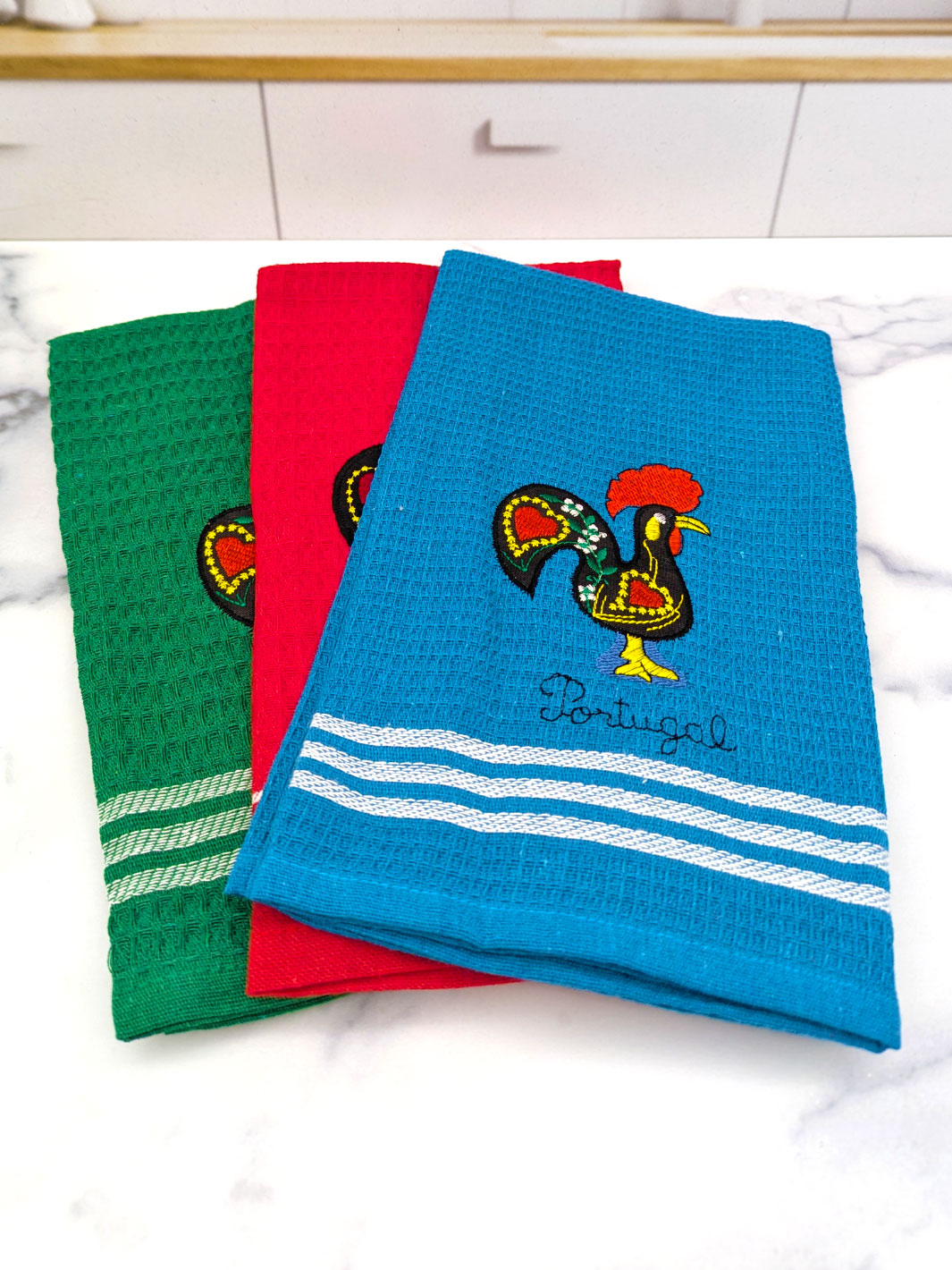 Honeycomb Embroidered Portuguese Rooster Dish Towels Set of 3