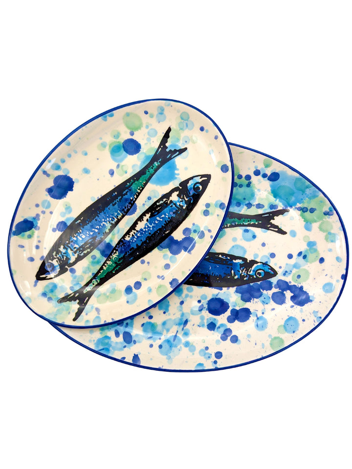 Splash Sardines Portuguese Pottery Ceramic Oval Platter - Set of 2