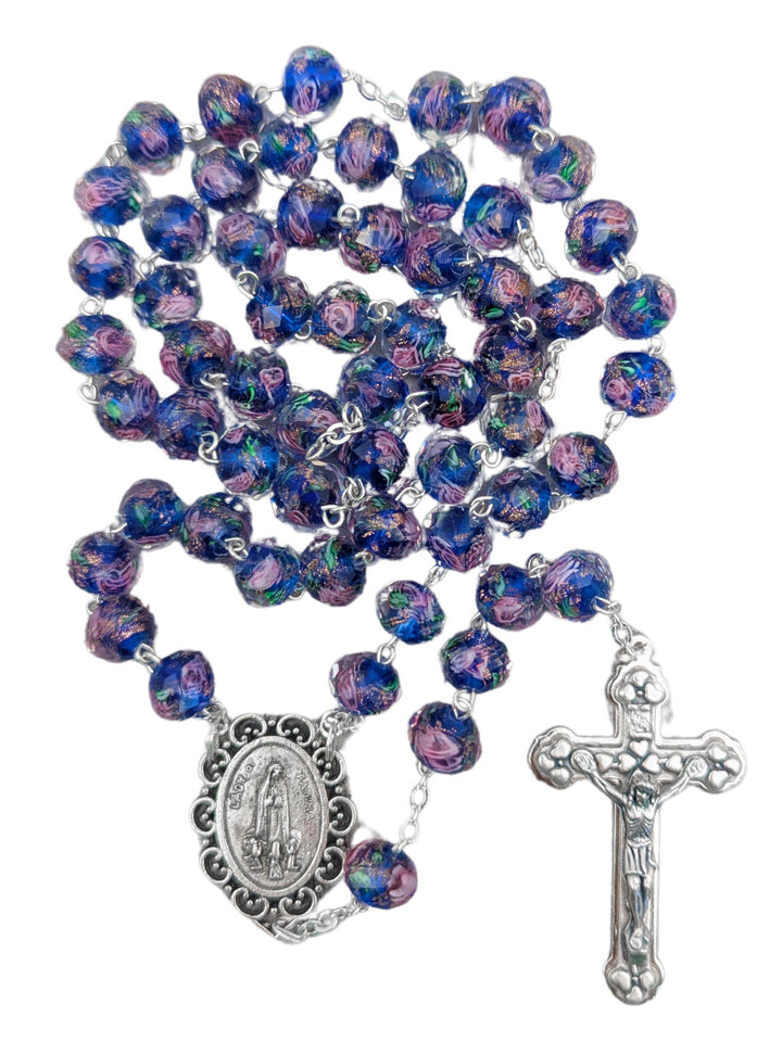 Handmade Our Lady of Fatima Rosary with Murano Glass Beads - Blue