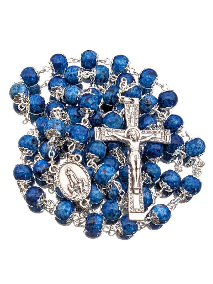 Handmade 8mm Blue Stained Glass Beads Our Lady of Fatima Rosary