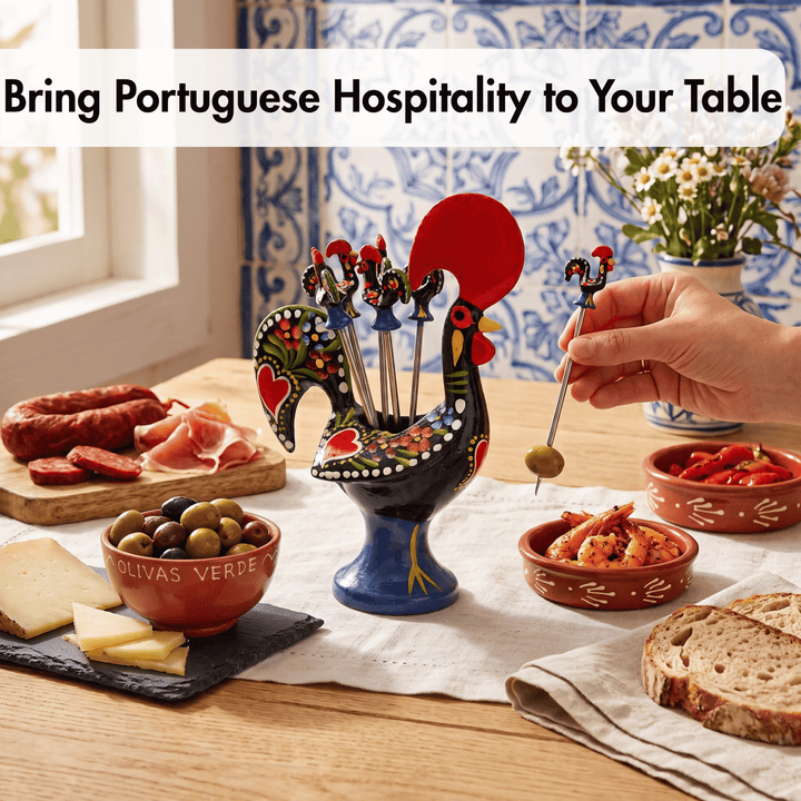 A rooster-shaped appetizer holder with colorful painted details and multiple skewered food picks, shown on a table with charcuterie and olives. A hand is holding one of the skewers.