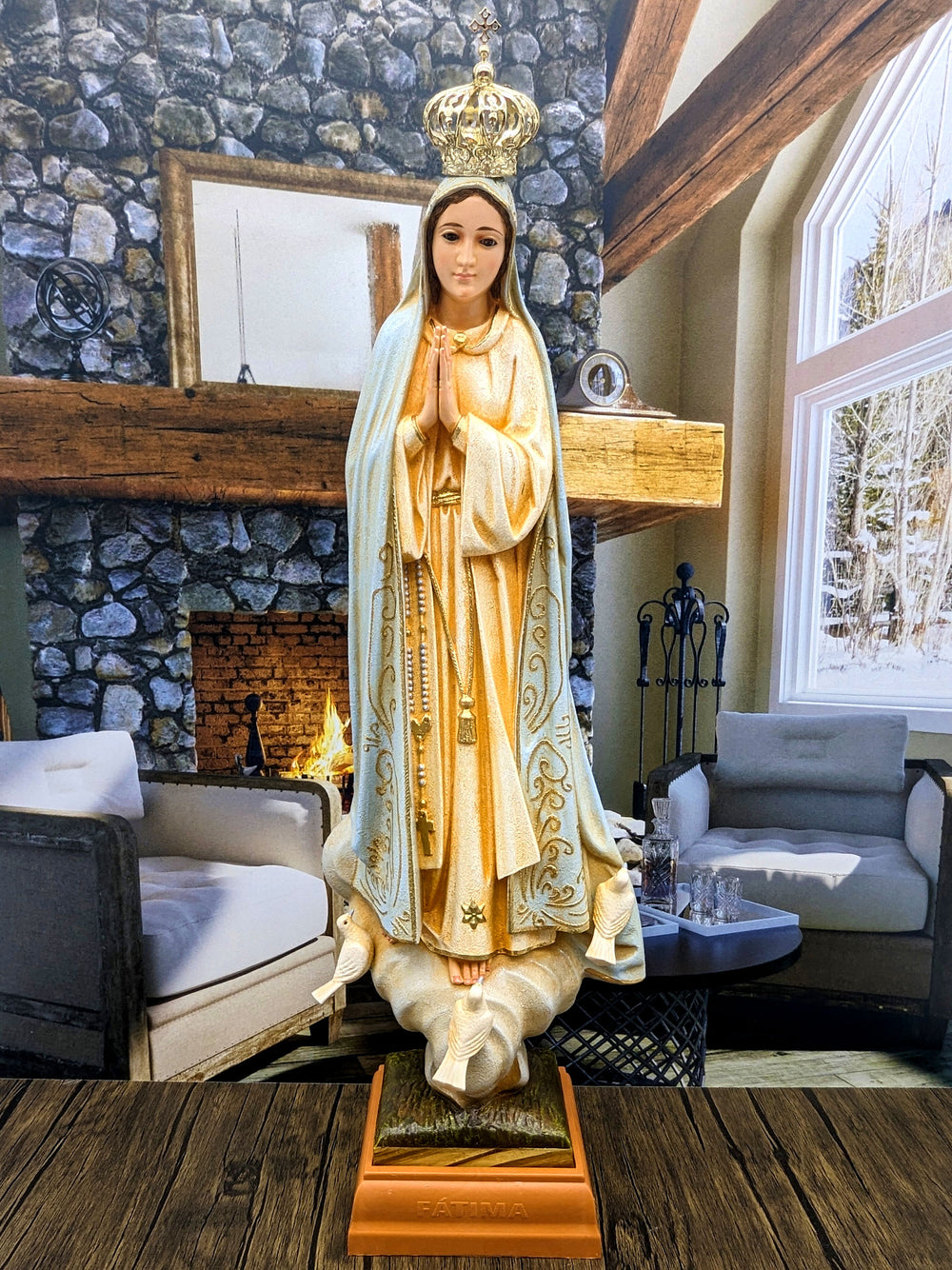 19 Inch Glass Eyes Our Lady of Fatima Statue with Blue Cloak