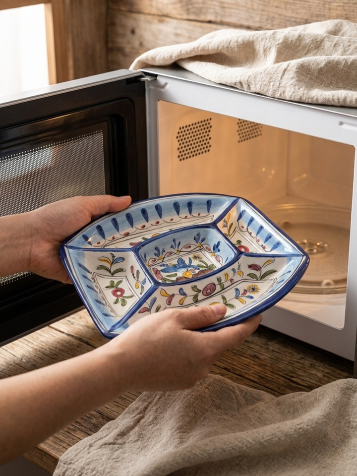 Person holding a decorative ceramic plate in front of an open microwave.
