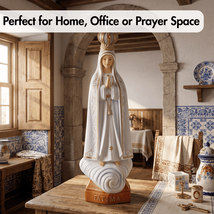 A white and gold Our Lady of Fatima statue stands on a wooden table in a rustic room with blue-and-white tile walls, stone arches, and home decor. A text banner at the top reads, &